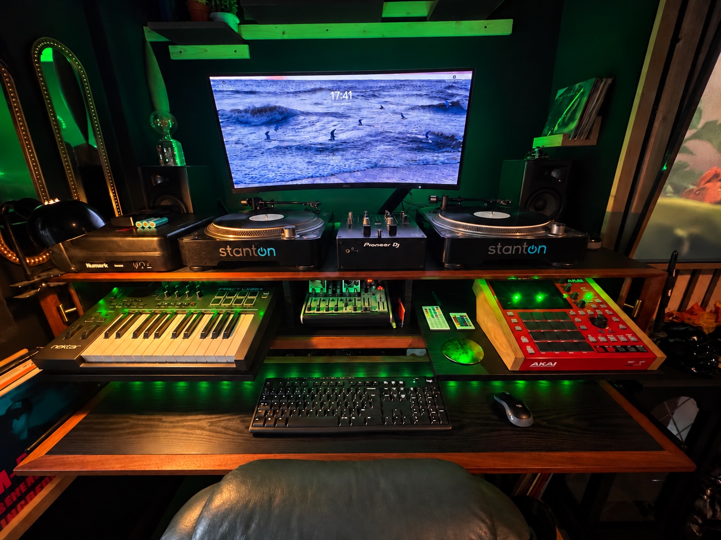 GrooveWorks desk open, showing DJ decks and music production equipment