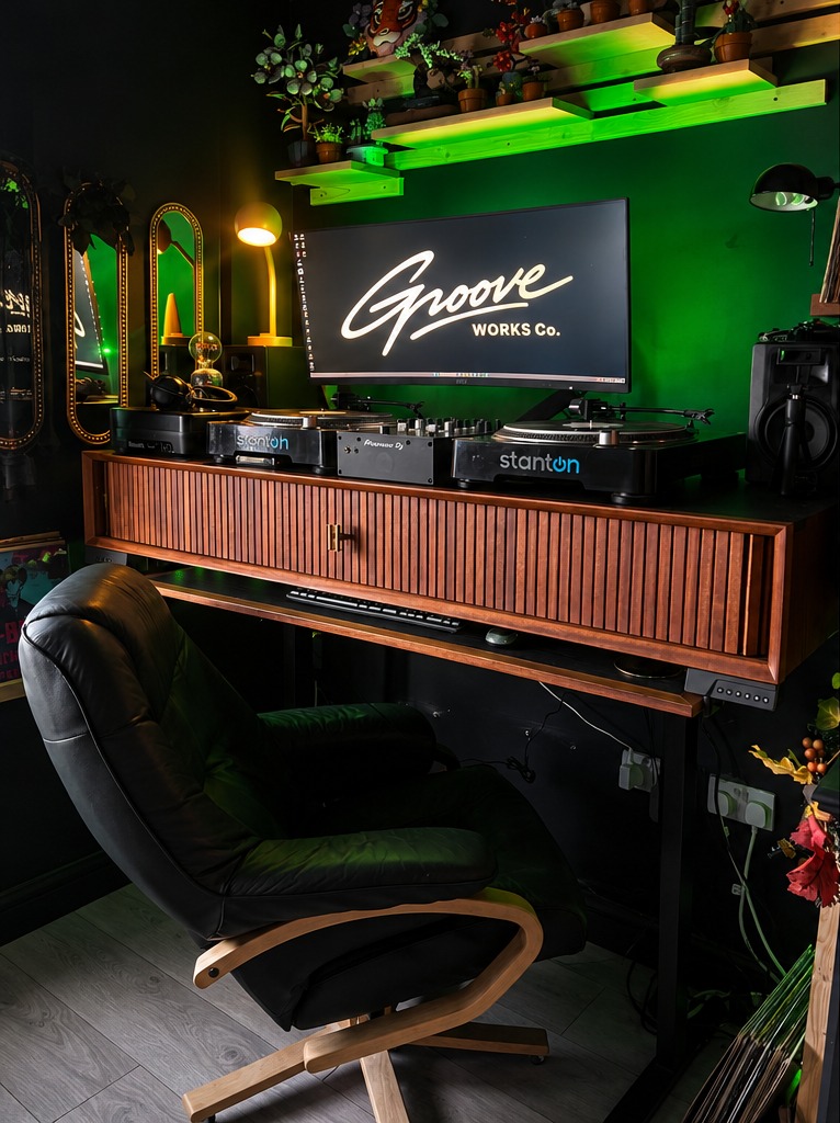 GrooveWorks bespoke DJ desk with wooden cabinet doors closed